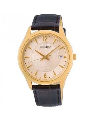 Seiko Sapphire Quartz Men's Watch Champagne Dial with Black Lether