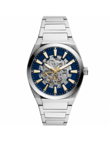 Fossil Automatic Stainless Steel Silver Chain with Blue and Gold Dial