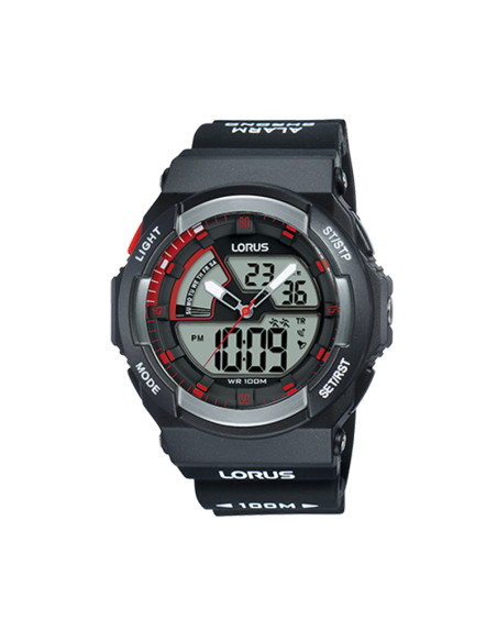 Lorus Alarm Chrono Black And Red Silicone Band Men's Watch Black Digits Dial