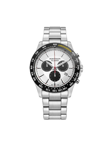 Romanson De Arbon Chronograph Sporty Men's Silver Watch Black Bezel