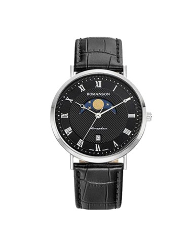 Romanson Men's Watch Black Leather Strap and Dial Moon/Sun Phase Display