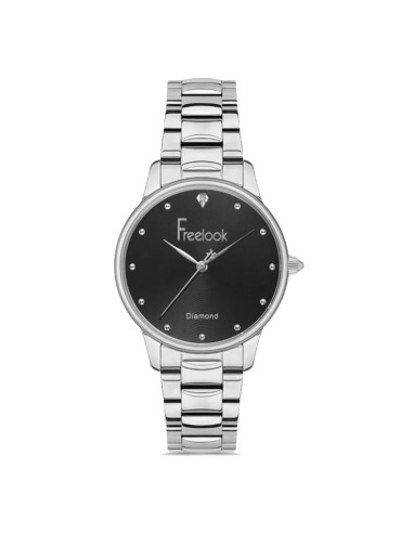 Freelook Simple Design Women's Diamond Watch Silver with Black Dial