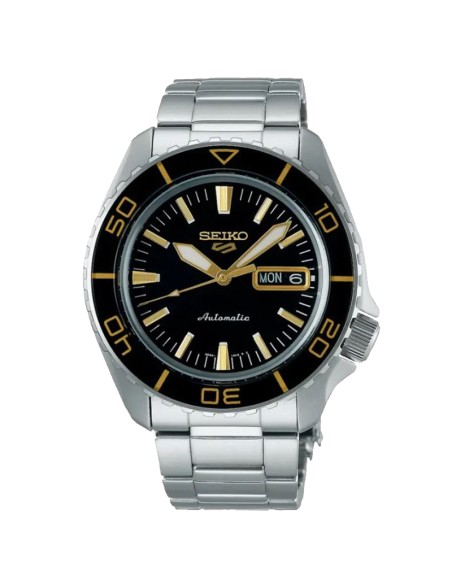 Seiko 5 Automatic Black Dial Yellow Details Men's Watch Date/Day Display