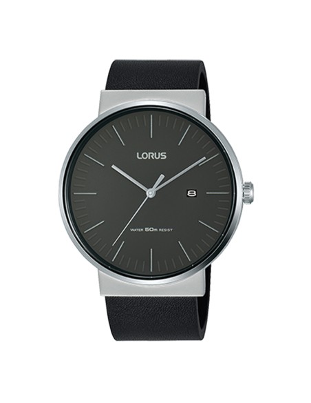 Lorus Black Dial Stainless Steel Case Men's Quartz Watch Leather Band Black