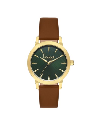 Freelook Brown Leather Band Green Dial Women's Gold Case Watch